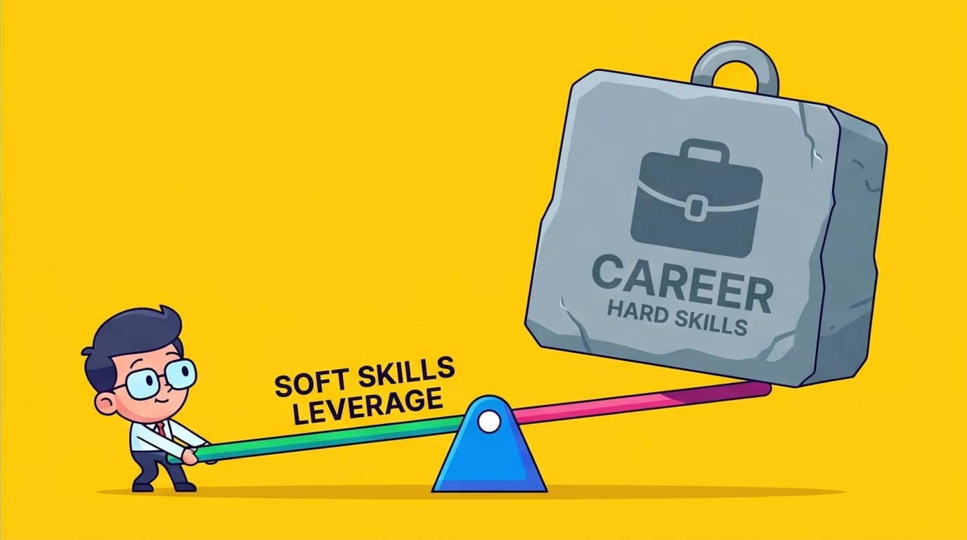A vector graphic demonstrating how soft skills act as a lever to multiply the value of hard skills for achieving a high income career.