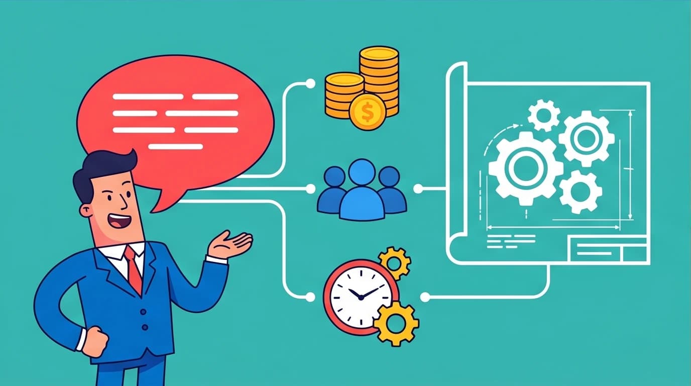 Corporate Memphis illustration of a professional using communication and negotiation as high income skills to acquire project resources.
