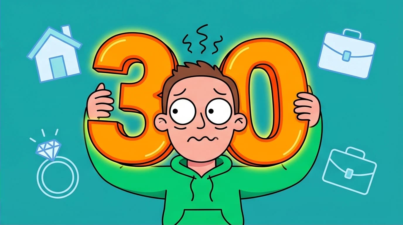 A character feeling the pressure of age anxiety, visually represented by the number 30. This highlights a key challenge in a mid-career change.