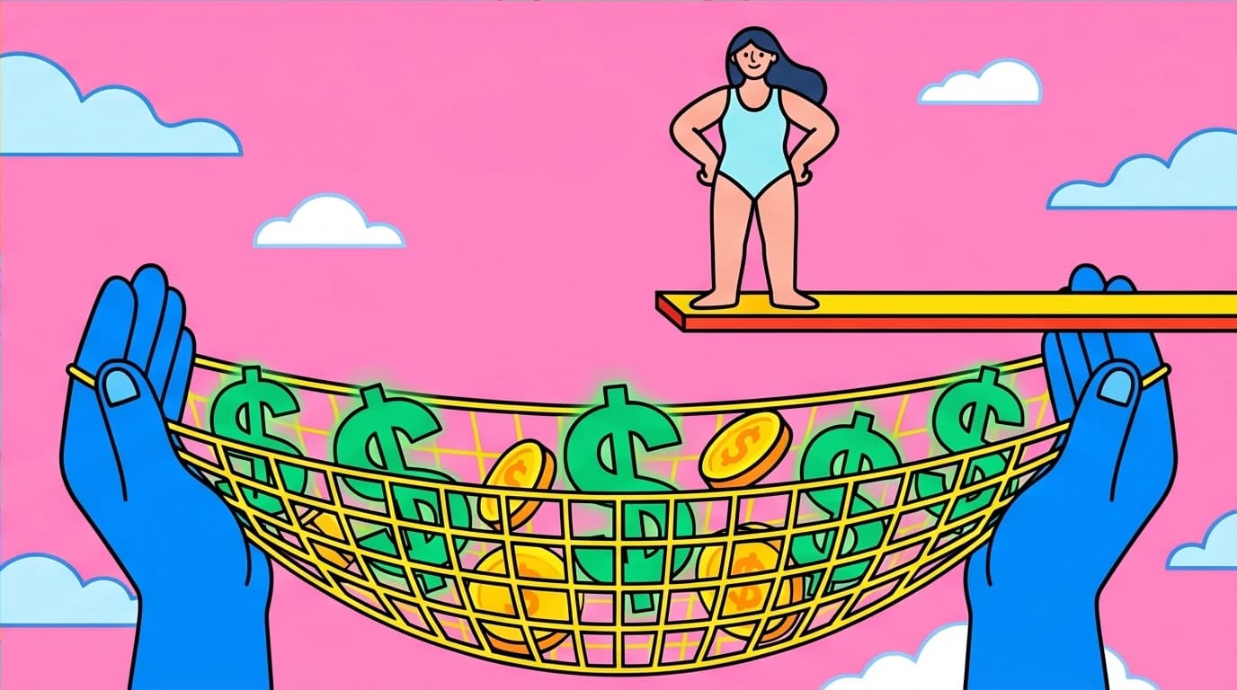 An image of a financial safety net providing a secure base for a person making a career change, emphasizing the need for solid career planning.