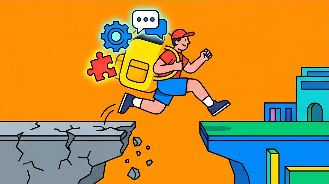 A professional carrying valuable transferable skills in a backpack to a new career, showing that starting over at 30 is not starting from scratch.