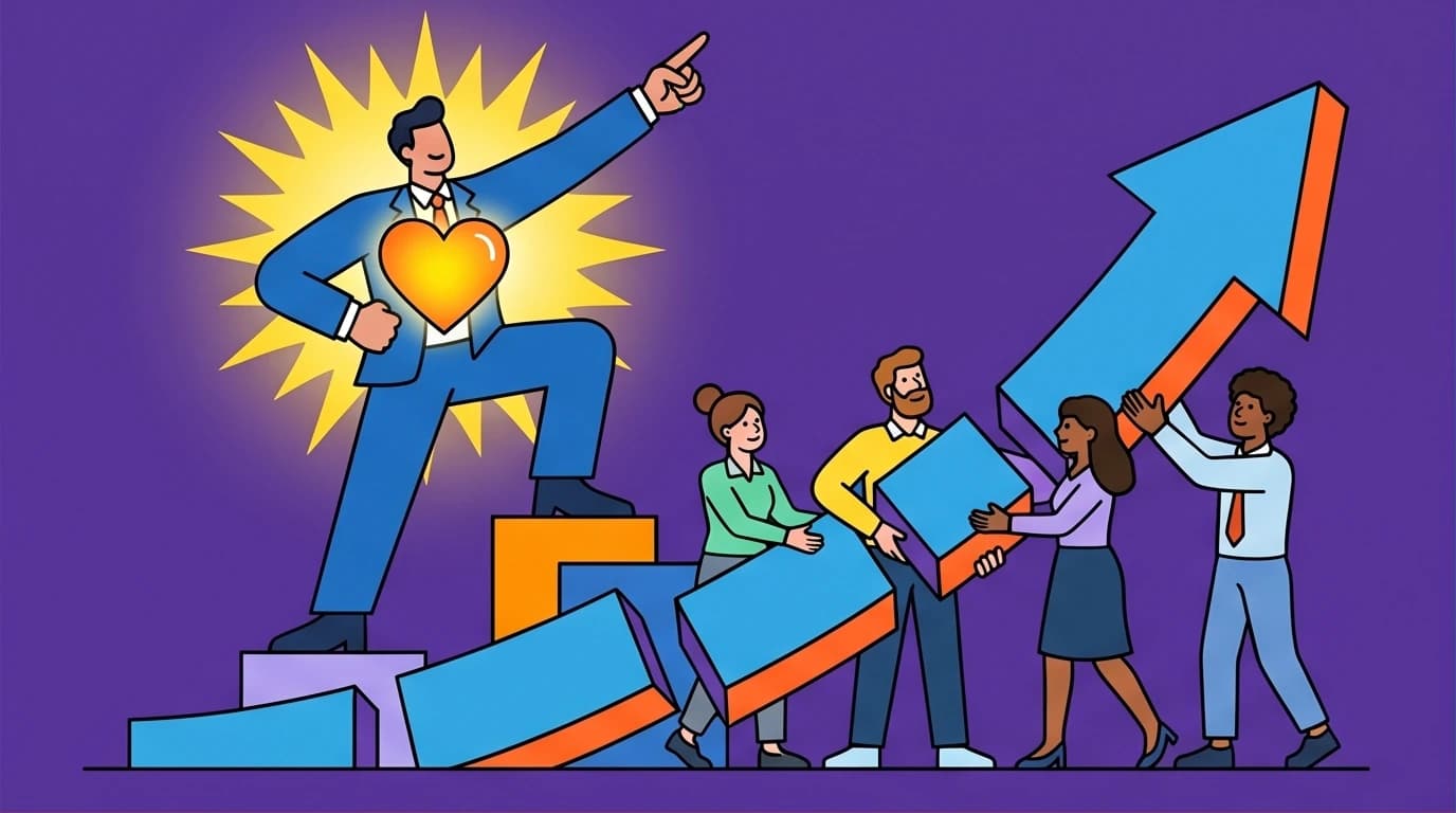 An illustration of a leader with a glowing core, representing Simon Sinek's Start with Why philosophy, inspiring a team to build together.