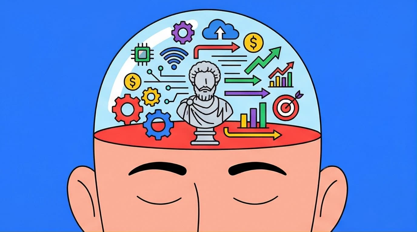 A modern leader using Stoic lessons from Meditations to find clarity. A Roman bust organizes chaotic business thoughts inside their head.