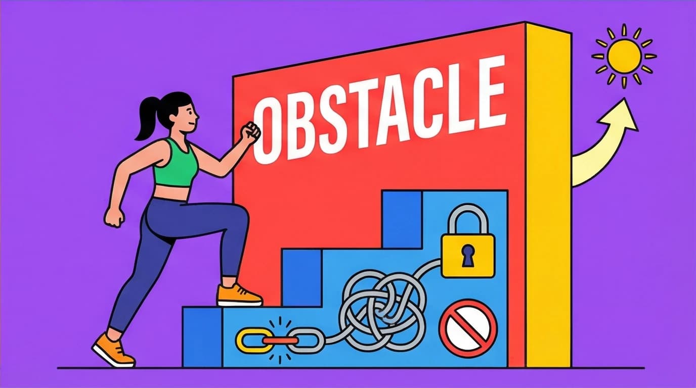 Applying Stoic lessons, a leader turns a business obstacle into a path forward, climbing a wall that represents the problem to find a solution.