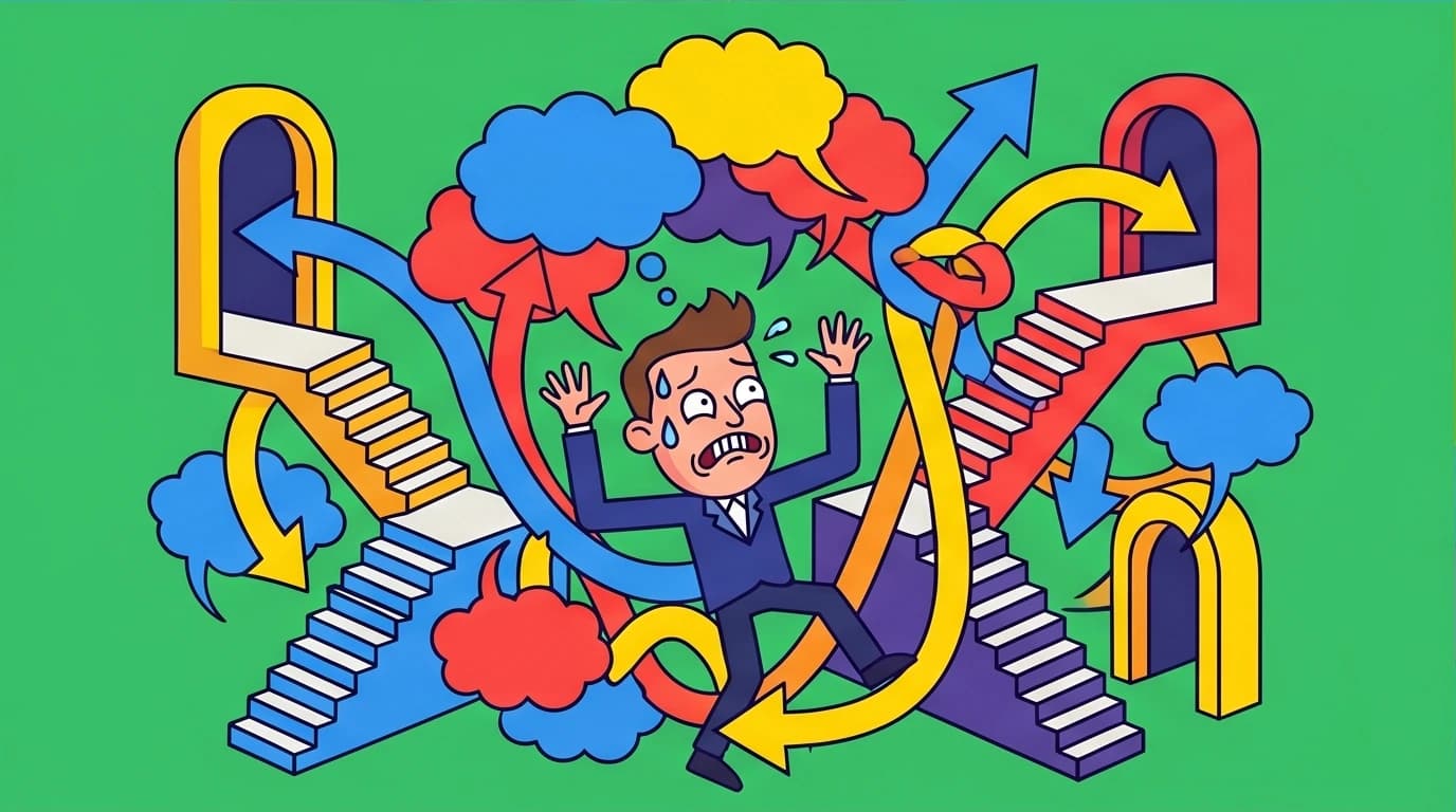 A character trapped in a confusing mental maze, representing the architecture of self-sabotage and the need to identify cognitive distortions.
