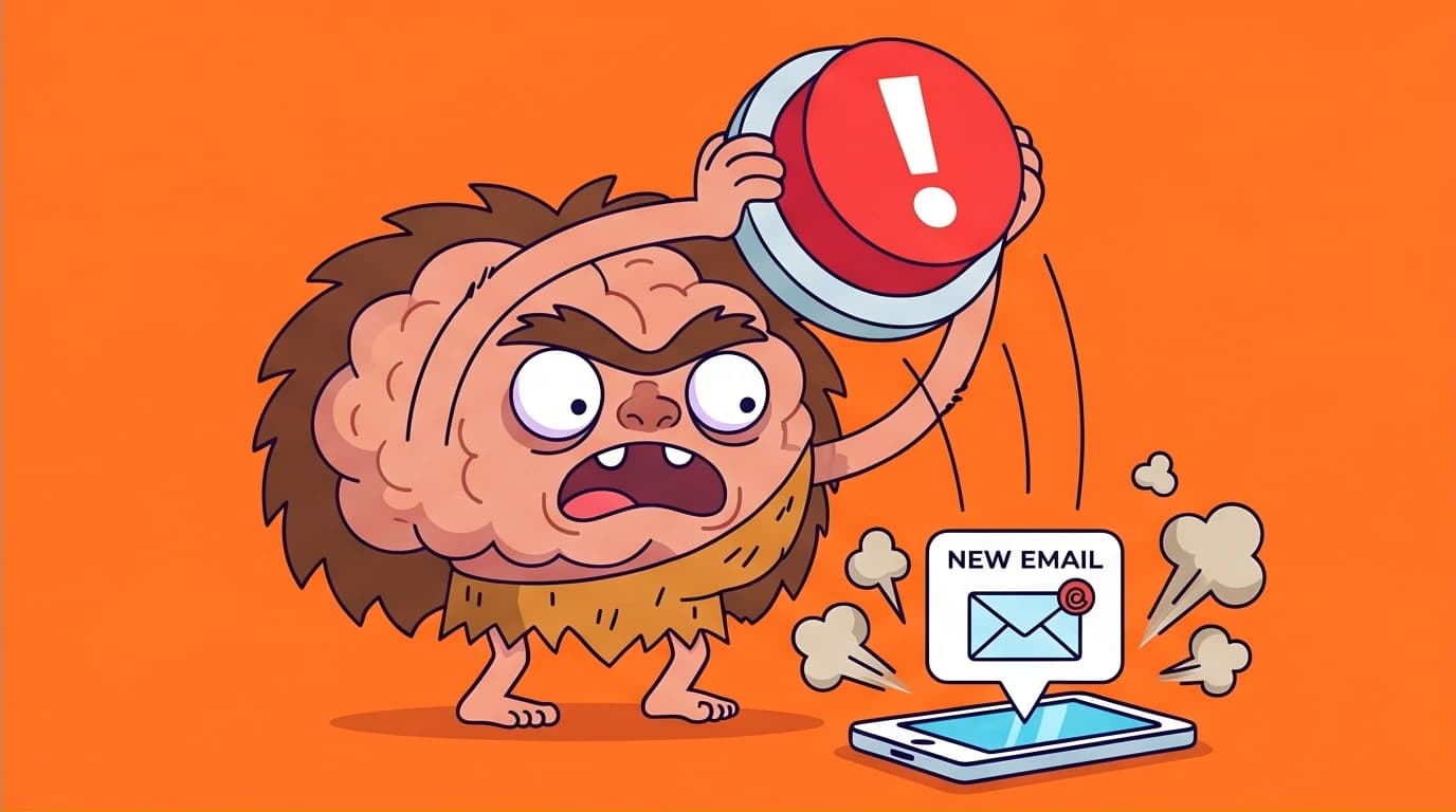 An illustration of an outdated brain overreacting to a modern email, explaining why we manufacture worst-case scenarios and negative thoughts.