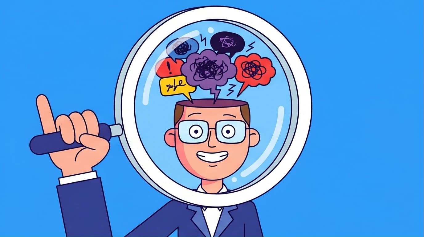 A person analyzing a cloud of their own negative thoughts, illustrating how to rewire your mind and stop anxiety by treating thoughts as hypotheses.
