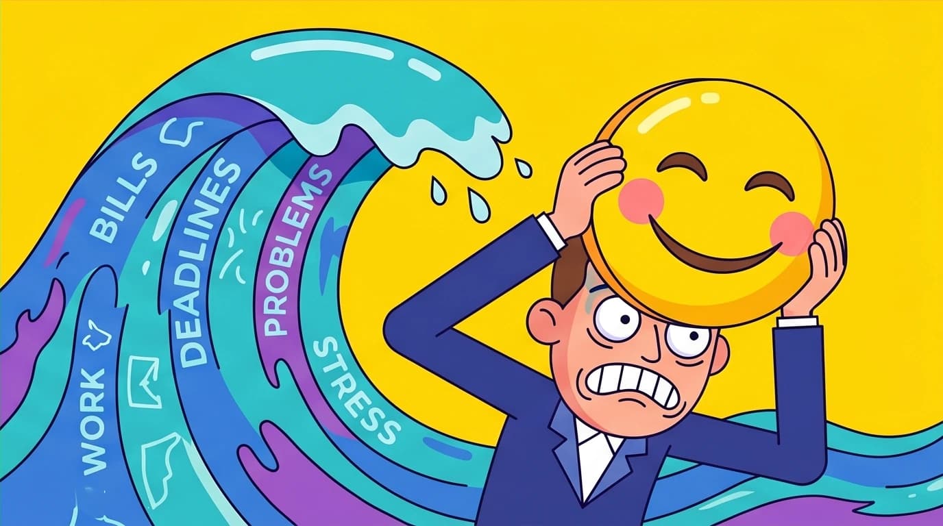 A person hiding anxiety behind a smiling mask, illustrating the dangers of toxic positivity when trying to manage negative thoughts.