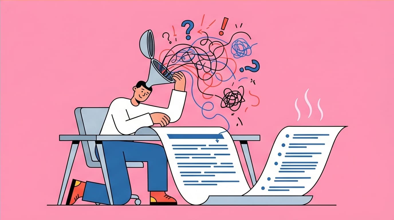 Visualizing the 'brain dump' technique to combat rumination and anxiety fatigue. A person pours chaotic thoughts from their head onto paper, finding relief from mental friction.
