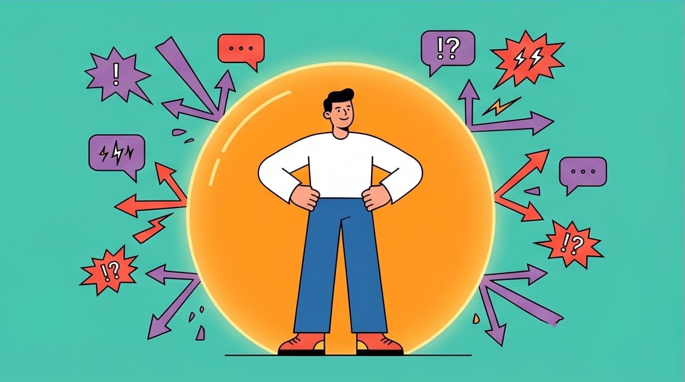 An illustration of setting a psychological boundary. A person is protected inside a shield from external negativity, demonstrating the concept of task separation to stop mental friction.