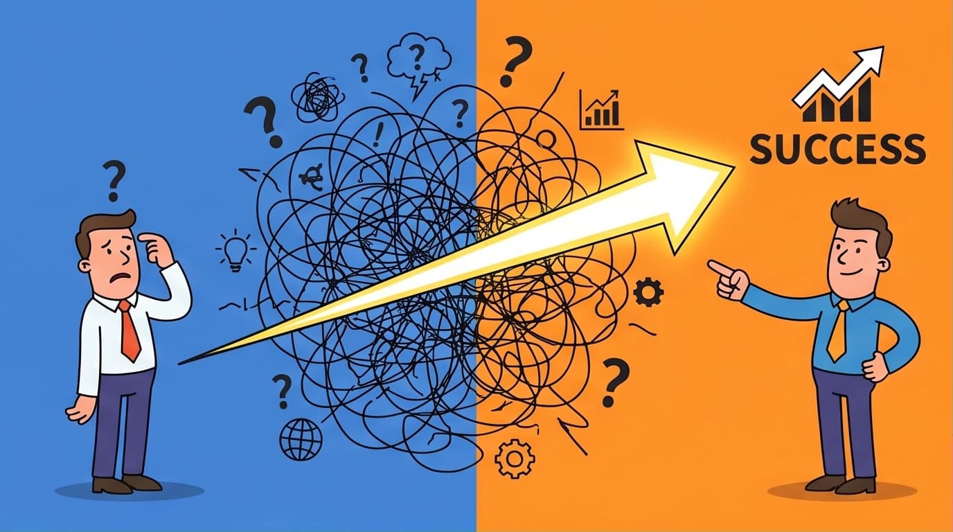 Illustration of a business professional clarifying a complex message into a simple path, demonstrating a StoryBrand BrandScript example.