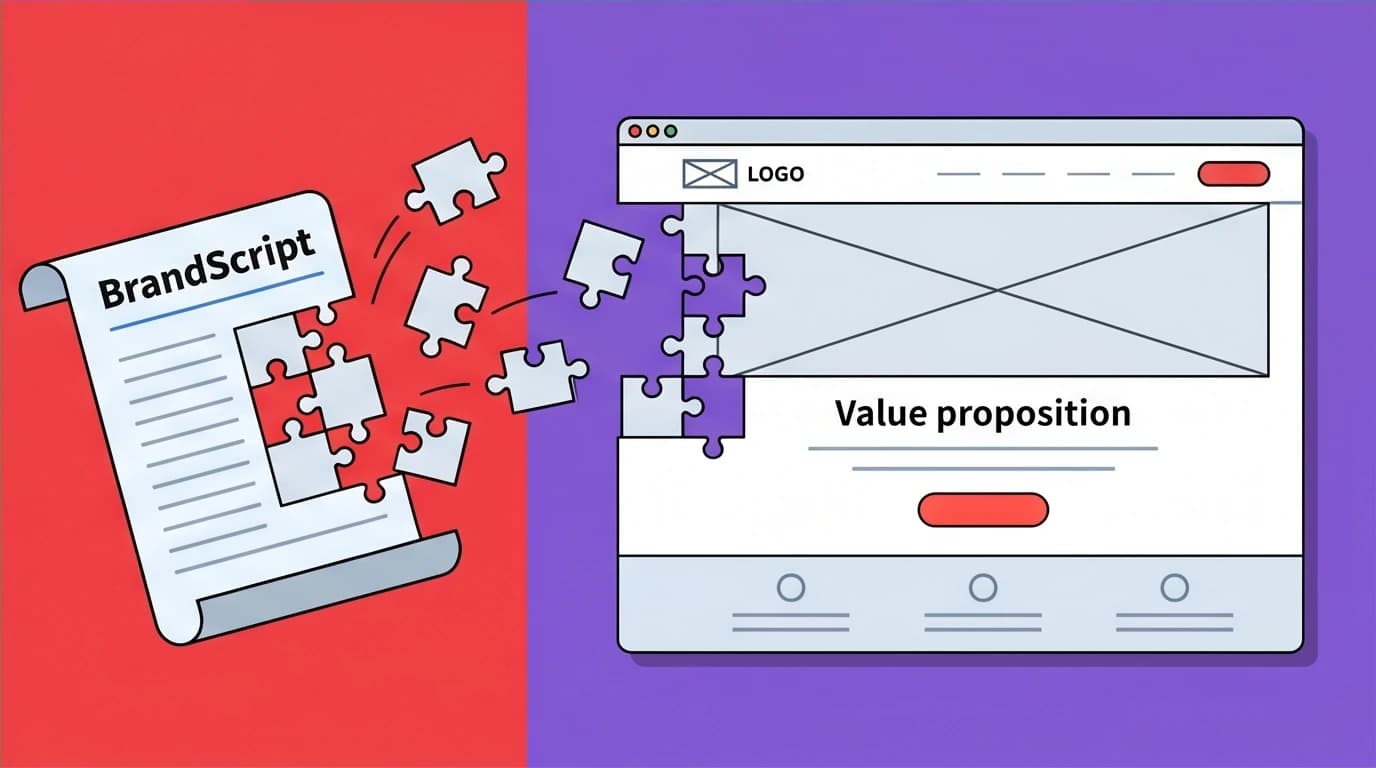 An abstract representation of a StoryBrand BrandScript template being translated directly into a website homepage layout.