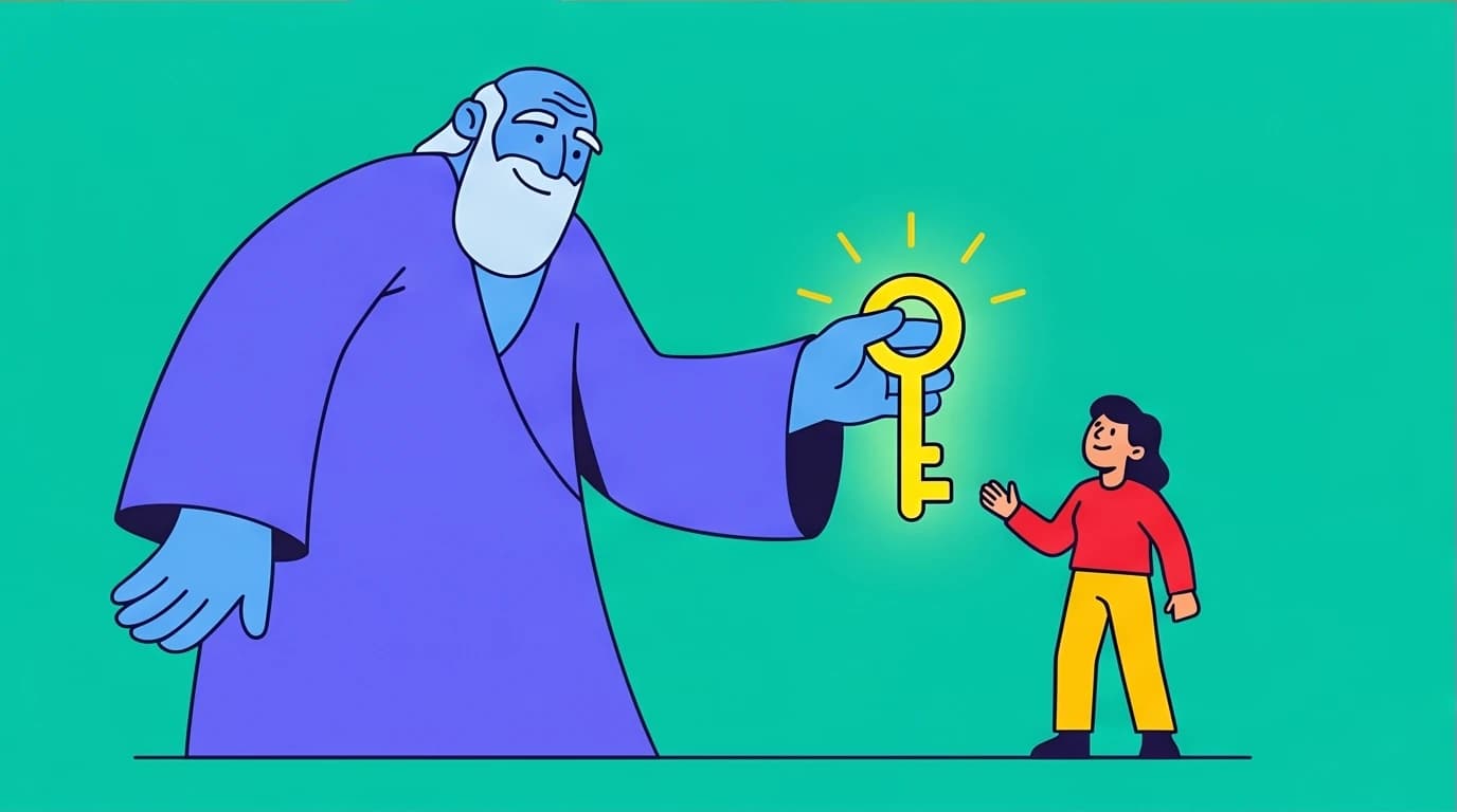 A large guide figure helping a smaller hero character, symbolizing how a StoryBrand website positions the business as the guide and the customer as the hero.