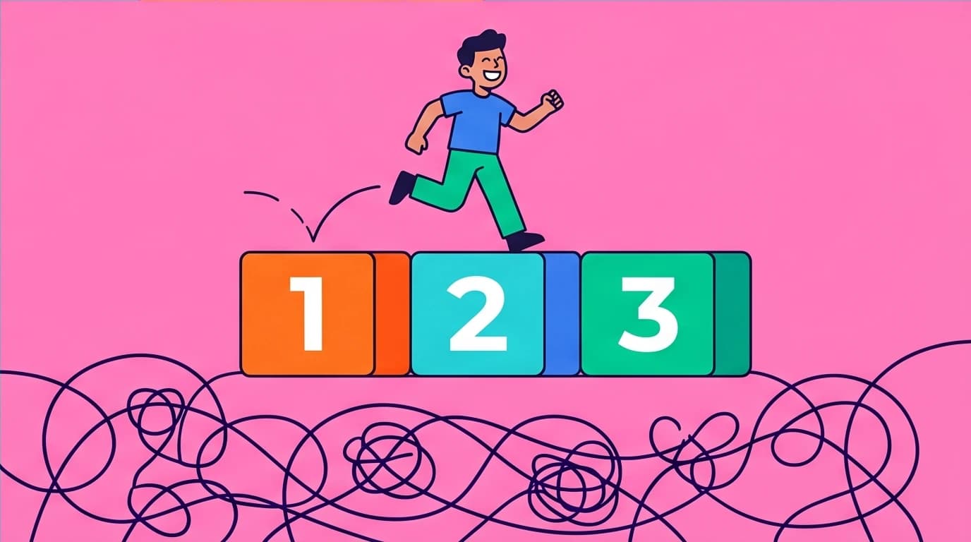 A character easily following a simple three-step plan, illustrating how a StoryBrand homepage structure simplifies the customer journey to increase conversions.