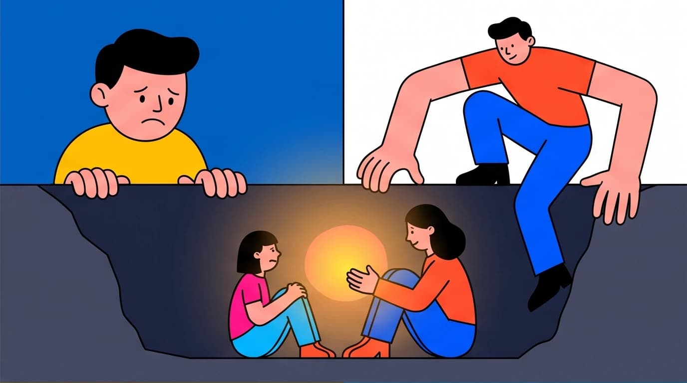 A visual metaphor for empathetic storytelling, showing a person climbing into a pit to support another, contrasting with distant sympathy.