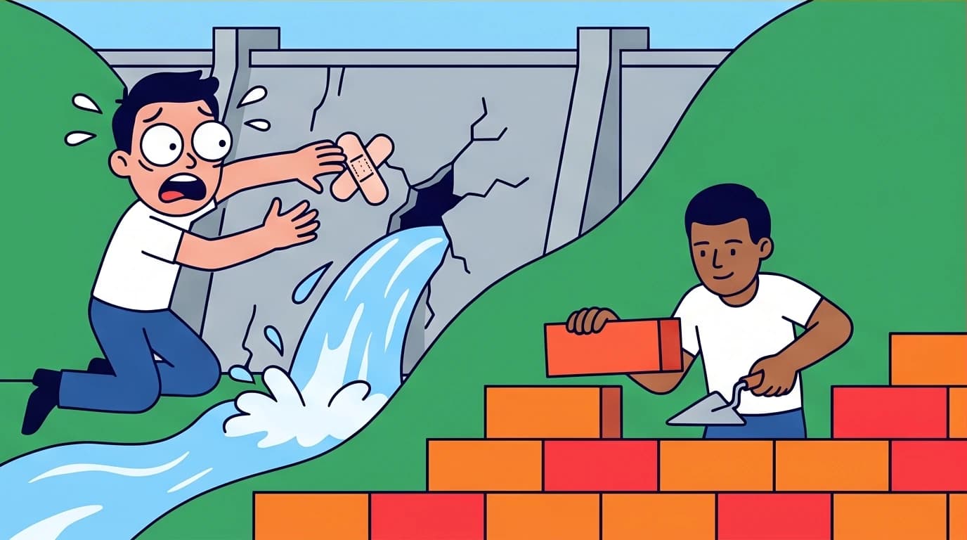 Illustration contrasting short-term fixes with long-term daily stress relief habits, showing one person building a strong wall while another patches a dam.