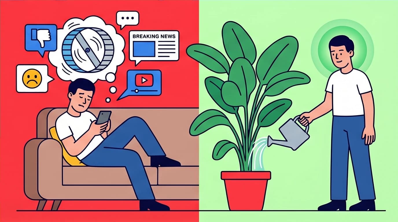 A comparison of healthy coping mechanisms for stress versus numbing habits, showing a person actively watering a plant versus passively doomscrolling.