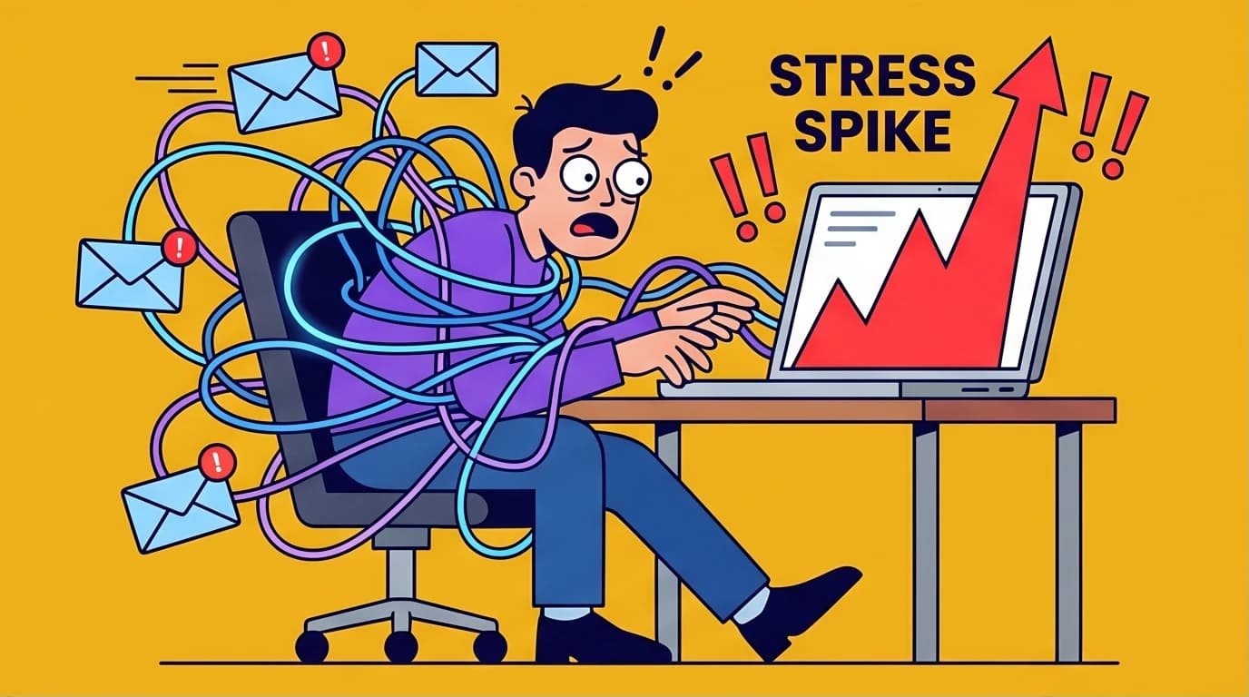 An illustration of a person overwhelmed by digital notifications, symbolizing the need for stress management techniques to calm the nervous system.