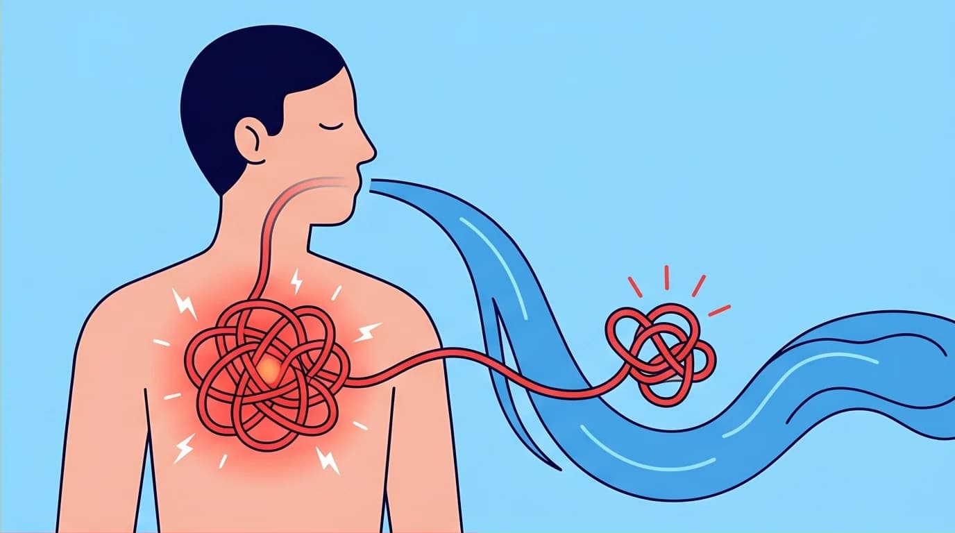 A visual metaphor for quick ways to destress, showing a physiological sigh untangling a stressed nervous system inside a person's chest.