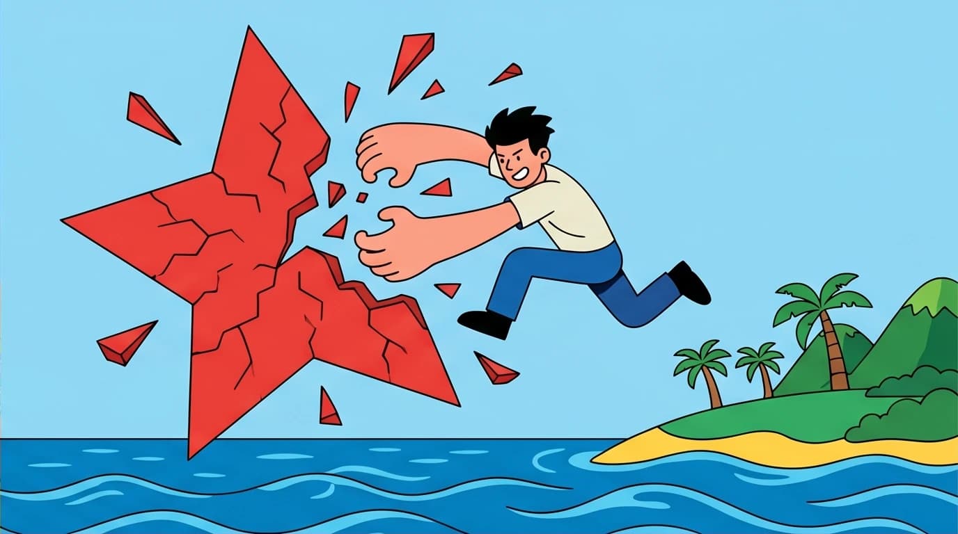 A symbolic image of Su Beng's disillusionment with the CCP, showing a figure breaking free from a red star and escaping to Taiwan, a key turning point in his life.