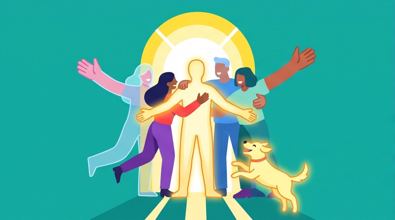 A soul is welcomed to the afterlife by a loving greeting party of family and pets, a key concept in Sylvia Browne's teachings on death.