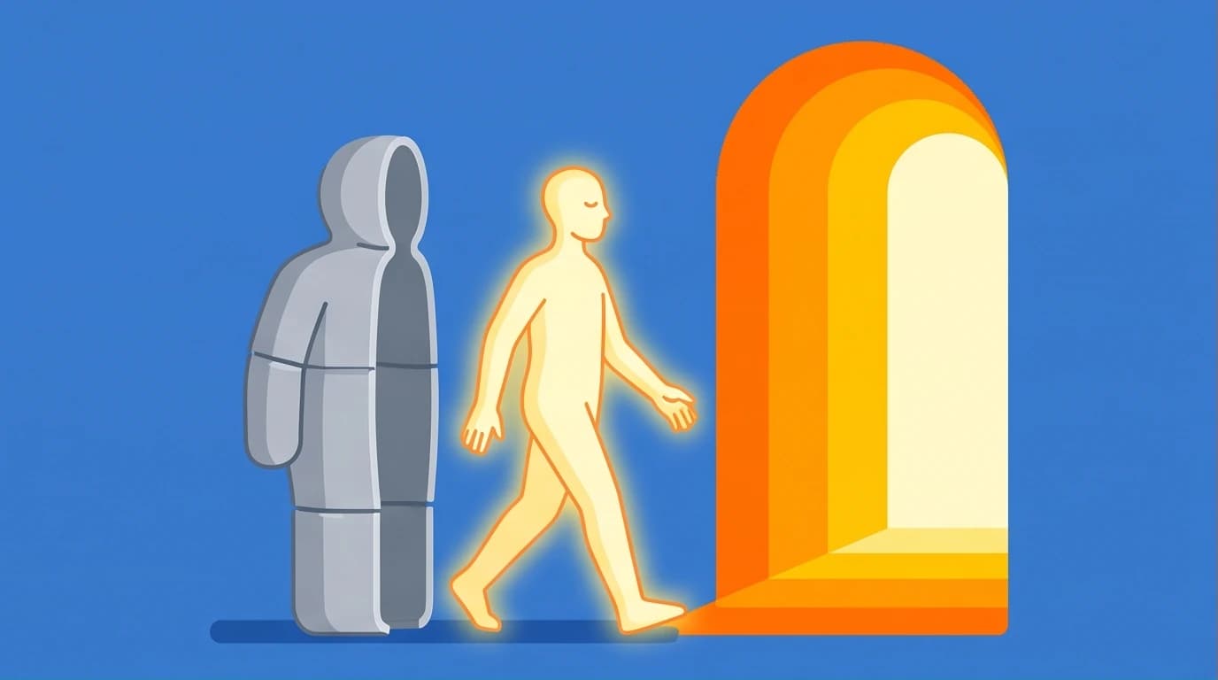 Illustration of Sylvia Browne's afterlife beliefs, showing a soul peacefully transitioning to The Other Side, a place of light and reunion.