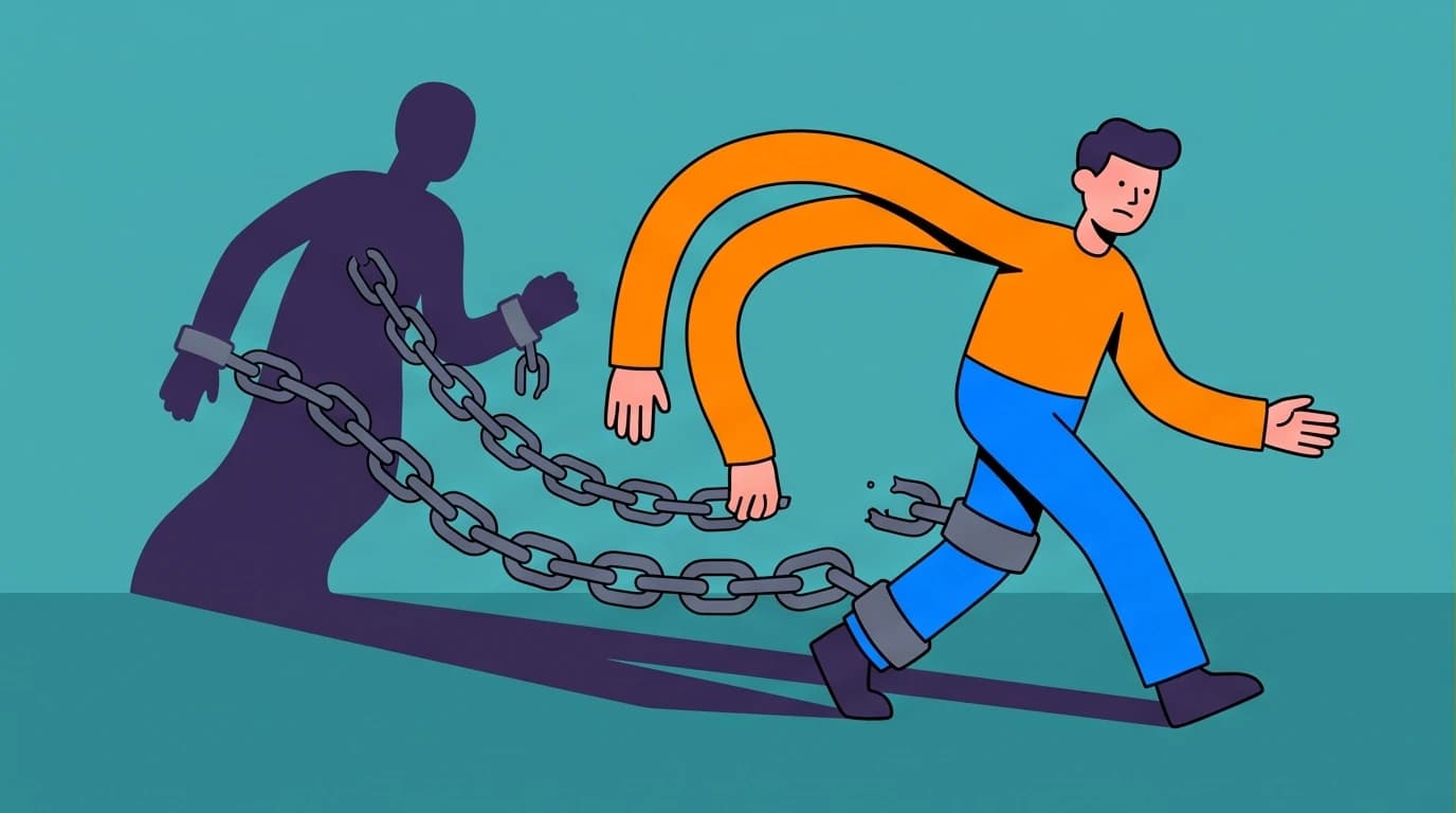 Illustration of a person held back by chains from their shadow, symbolizing Sylvia Browne's past lives healing concept for deep-rooted trauma from cellular memory.