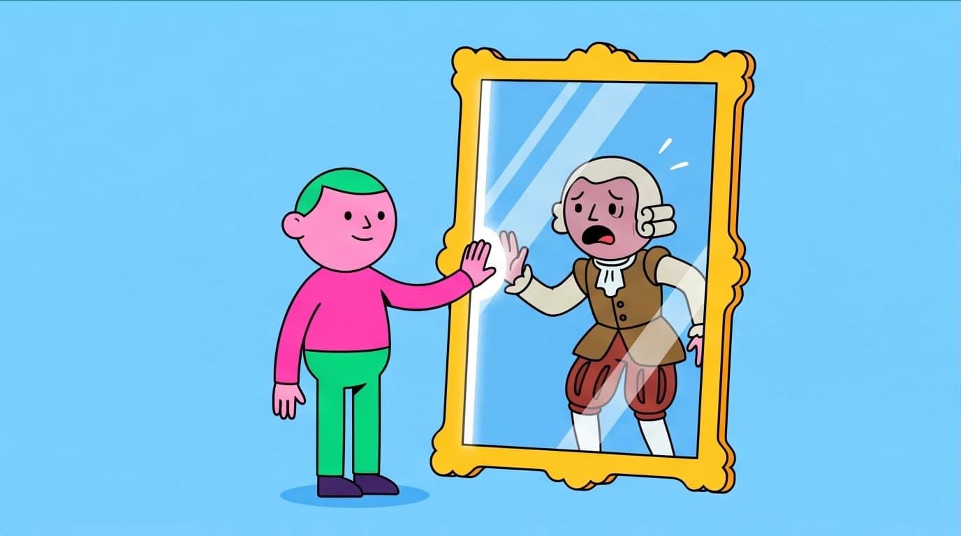 A person creating psychological distance from past trauma by compassionately observing their distressed, historical self in a mirror, a spiritual healing technique.