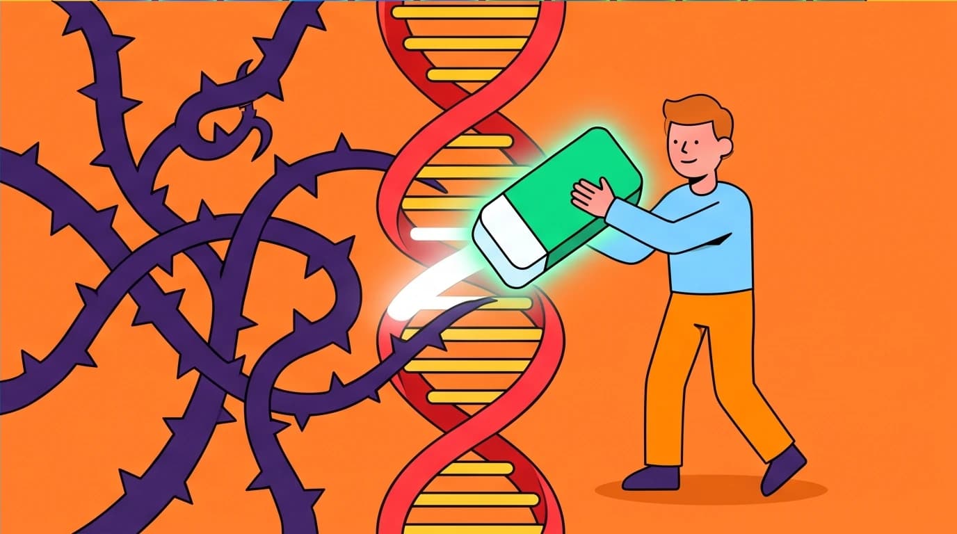 A person erases a thorny vine from a DNA helix to represent rewriting the cellular blueprint and releasing past life trauma for holistic healing.