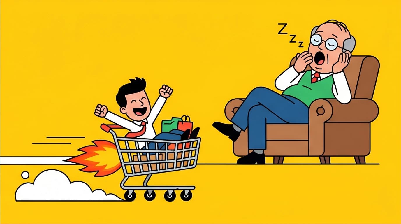 A visual metaphor for fast and slow thinking, with an energetic System 1 character on a rocket vs. a lazy System 2 character, explaining Kahneman's model.