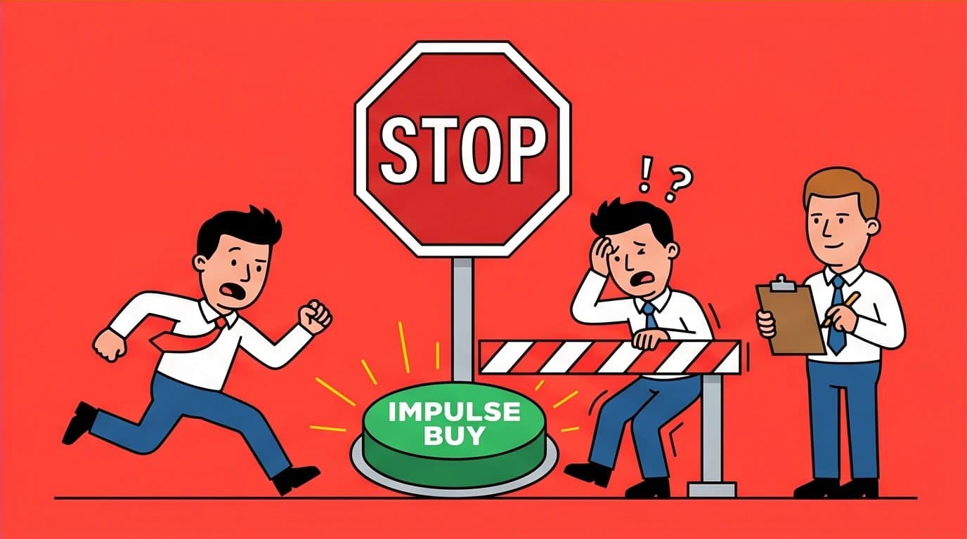 A character being stopped by a physical barrier before making an impulse decision, an example of forcing the brain to engage slow System 2 thinking.