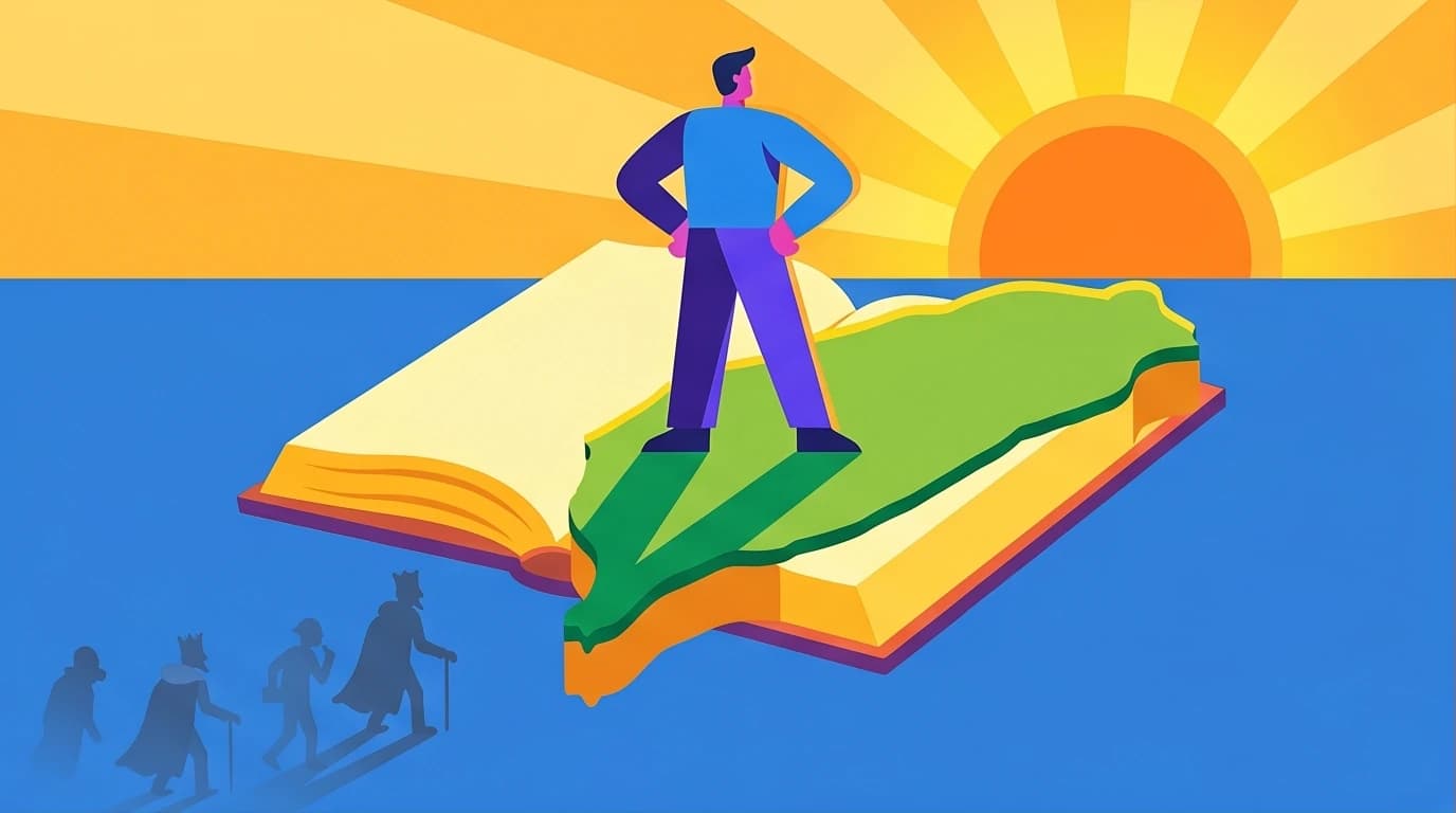 Illustration of Taiwanese subjectivity, showing a figure on a book shaped like Taiwan, representing the shift in Taiwanese historiography.