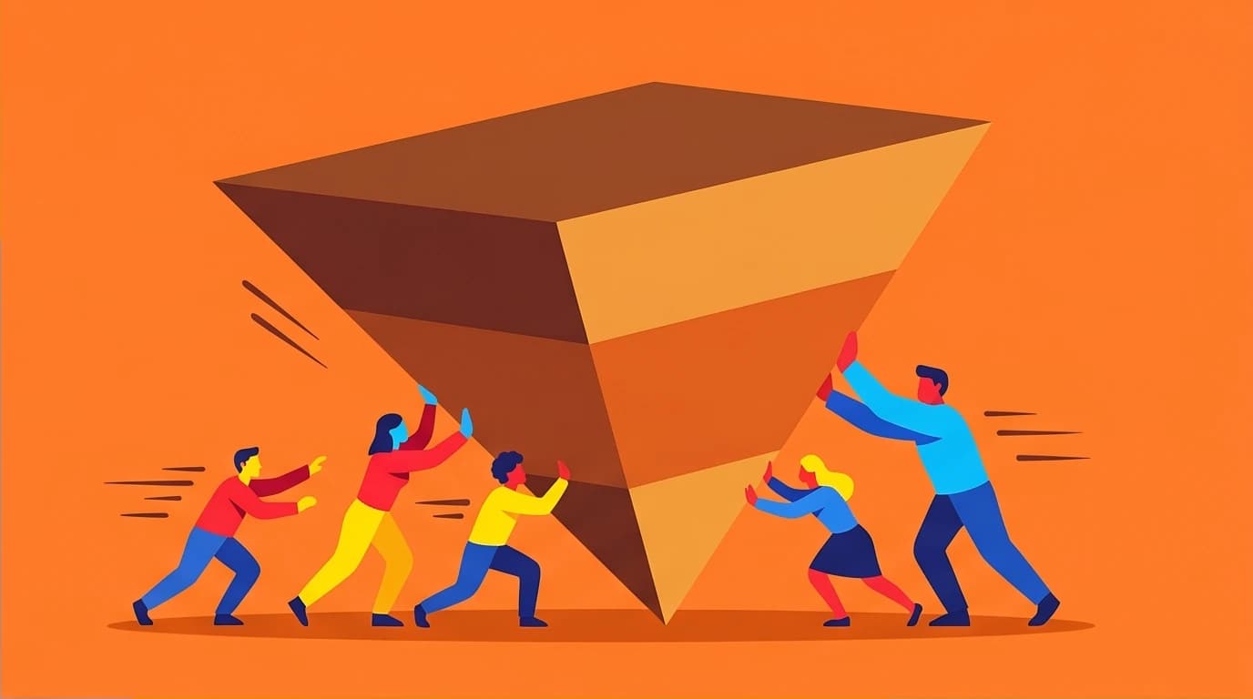 People flipping a pyramid, a metaphor for reversing the historical perspective in Taiwan's history from rulers to the masses.