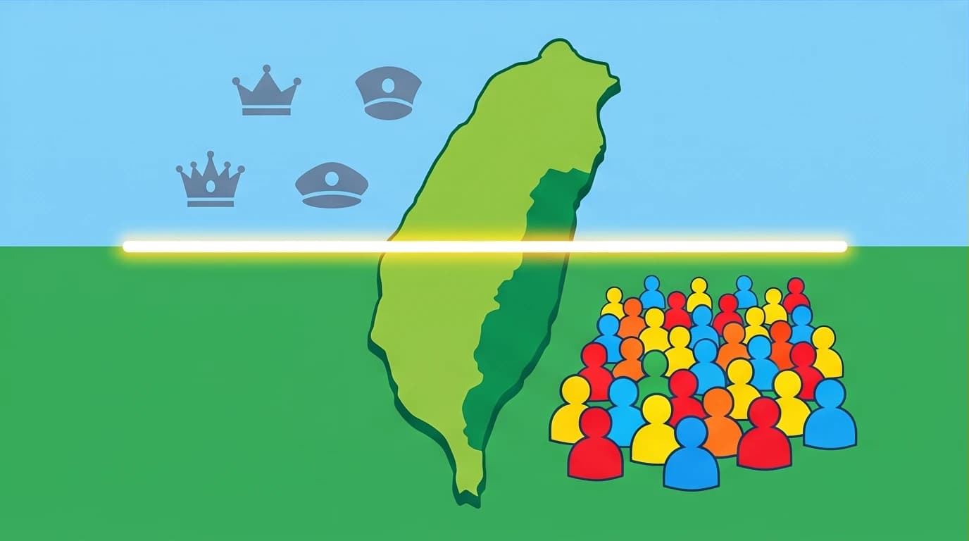 A map of Taiwan divided by a sharp line, symbolizing Su Beng's historiography separating the ruling class from the Taiwanese people.
