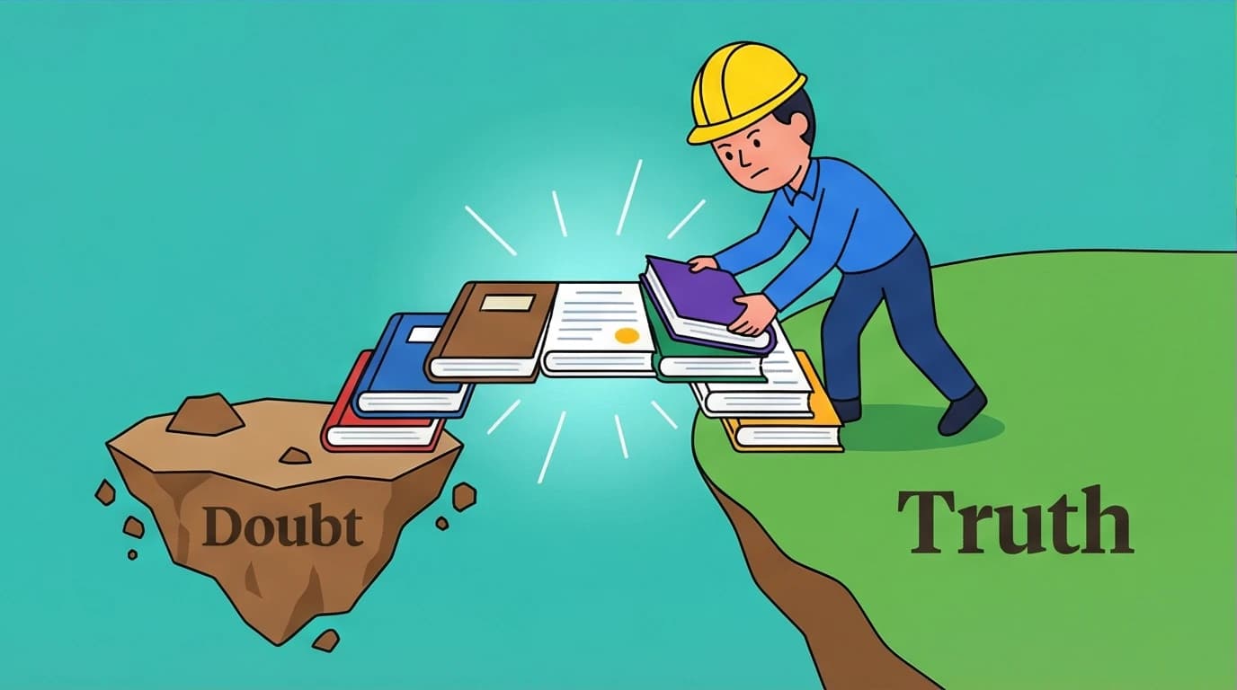 An artwork showing how fact-checking confirmed 'Educated' is a true story, with evidence like journals building a bridge from doubt to truth.