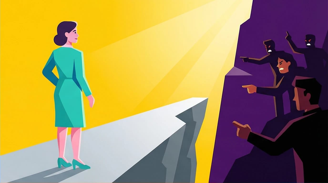 A symbolic image of Tara Westover's estrangement from her family, showing a figure standing peacefully across a canyon from shadowy figures.