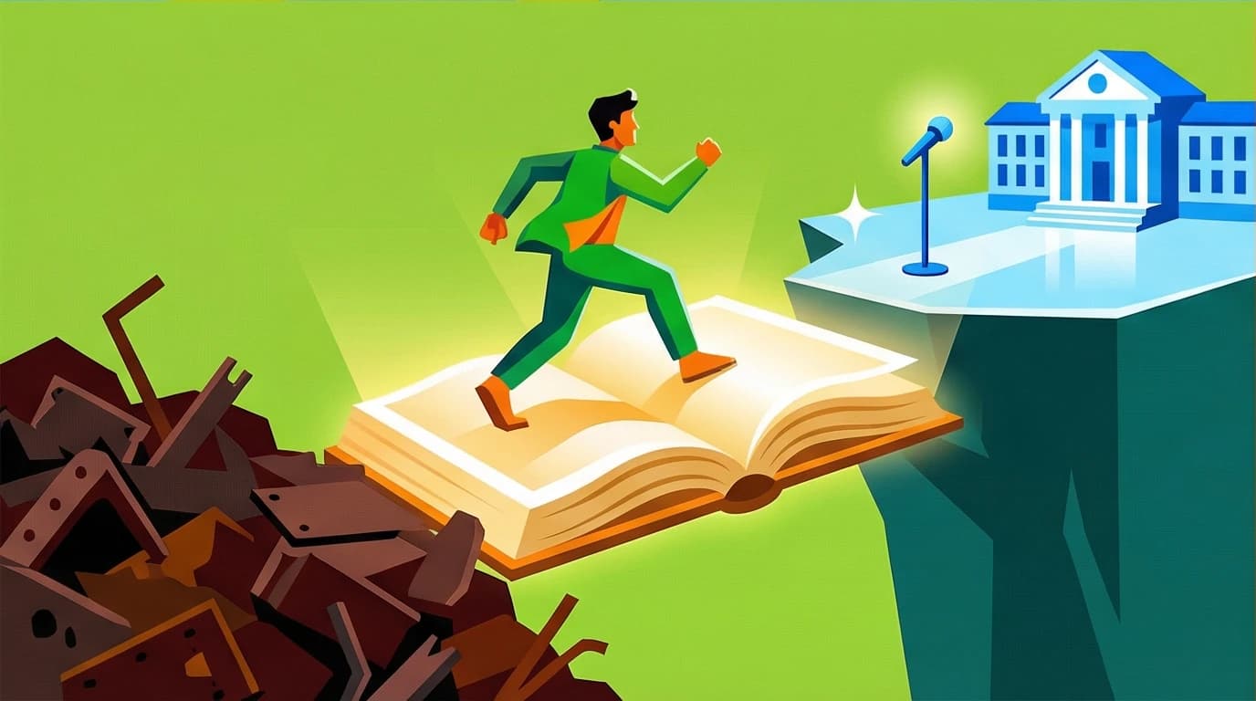 An illustration representing Tara Westover's net worth and financial independence, using a book as a bridge from a junkyard to success.