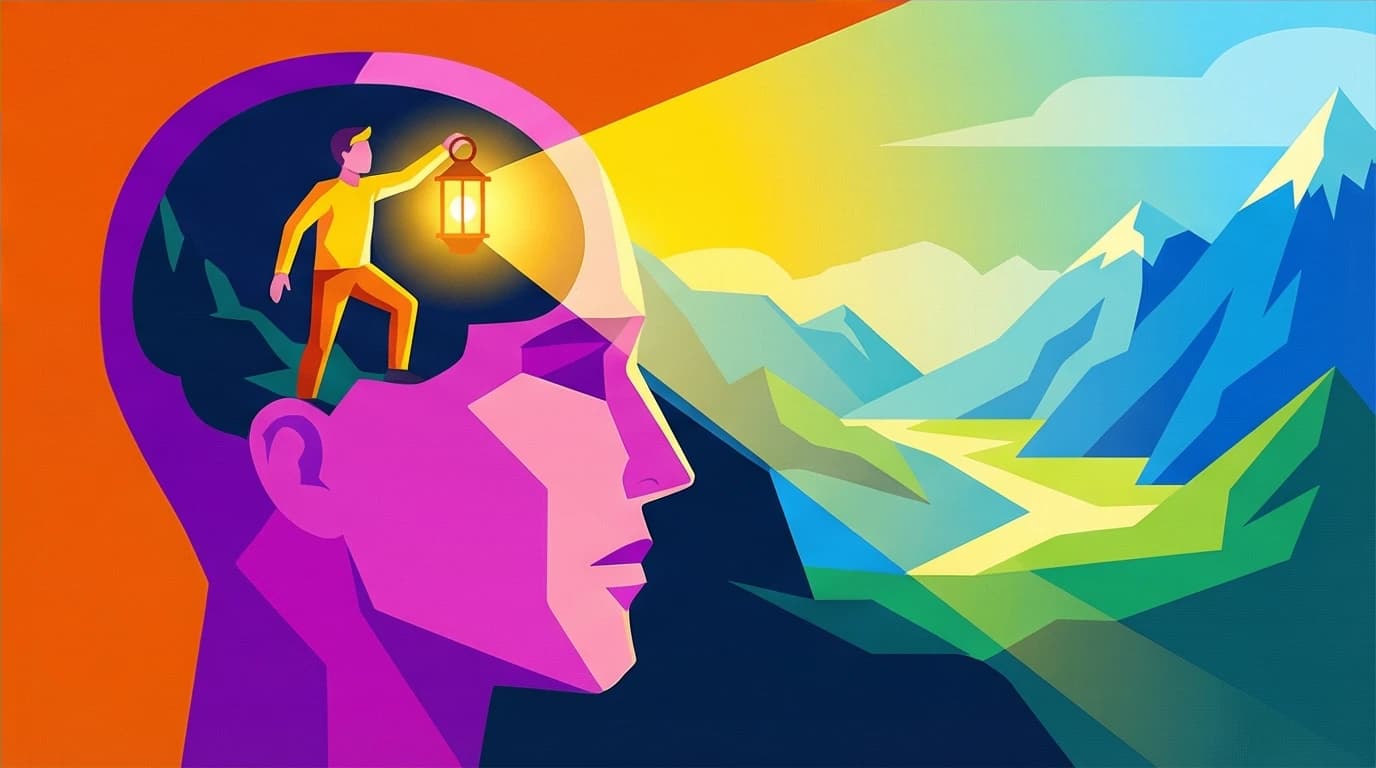 Conceptual art showing how education changed Tara Westover's perspective, with a person's mind illuminated by a lantern, representing her journey.