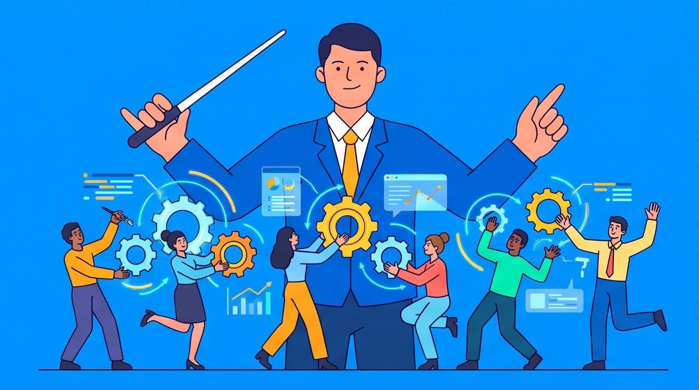 An illustration showing a new manager using team management skills to conduct a high-performance team like an orchestra, moving from solo work to leadership.