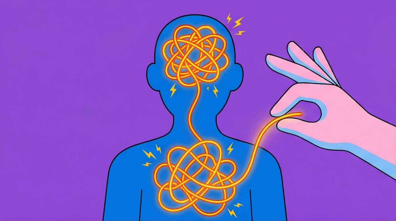 Illustration showing a tangled nervous system being untangled, representing quotes from The Body Keeps the Score on trauma and healing.