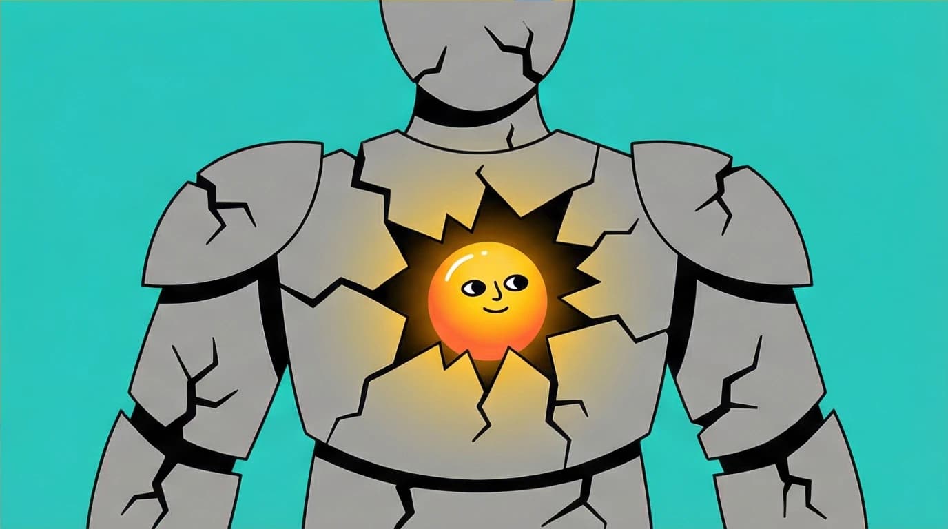 Hopeful image of a bright inner self emerging from a cracked exterior, a concept on healing from The Body Keeps the Score.