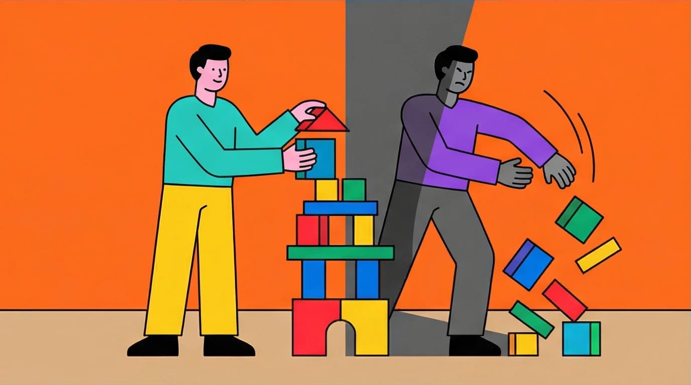 Illustration of a person at war with themselves, visualizing a quote from The Body Keeps the Score about suppressing traumatic secrets.