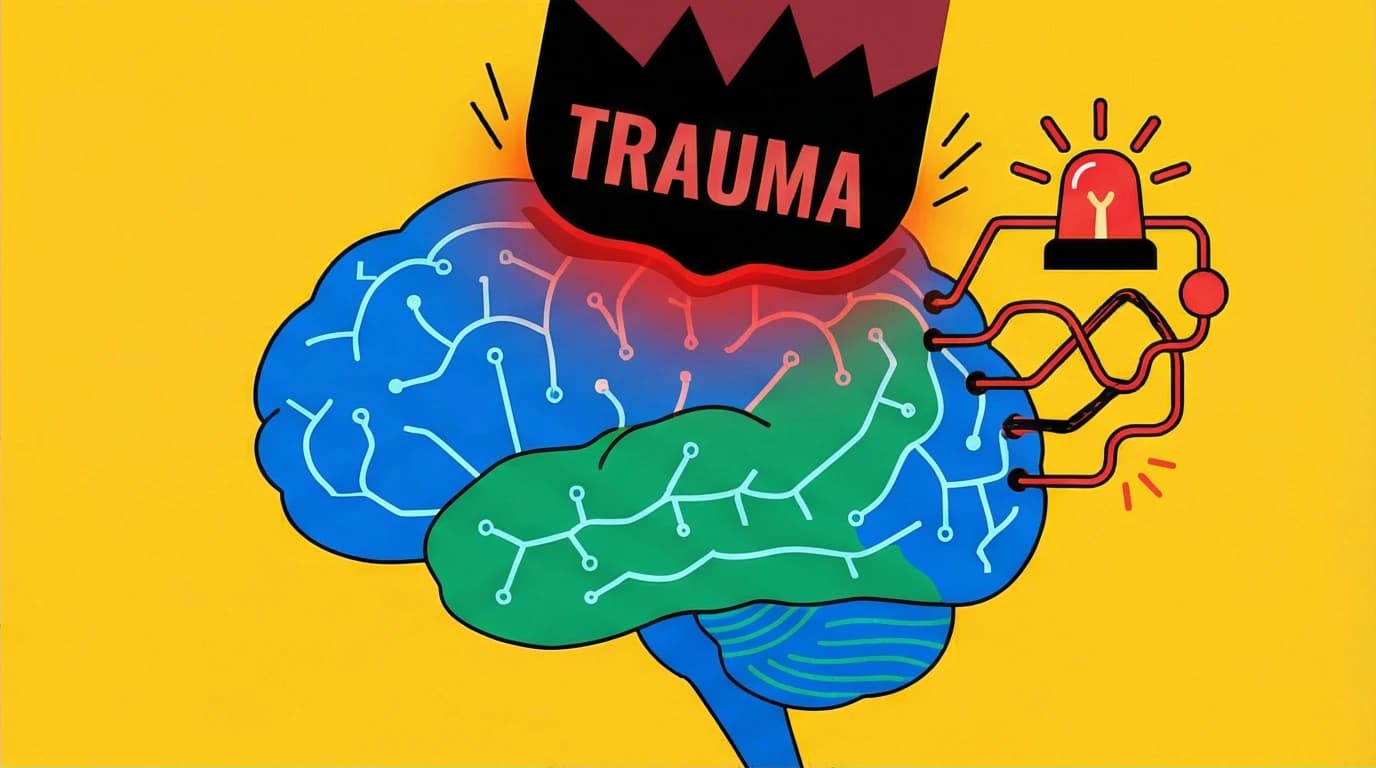 A conceptual image of a brain being rewired by trauma, illustrating a key quote from The Body Keeps the Score on its physical imprint.