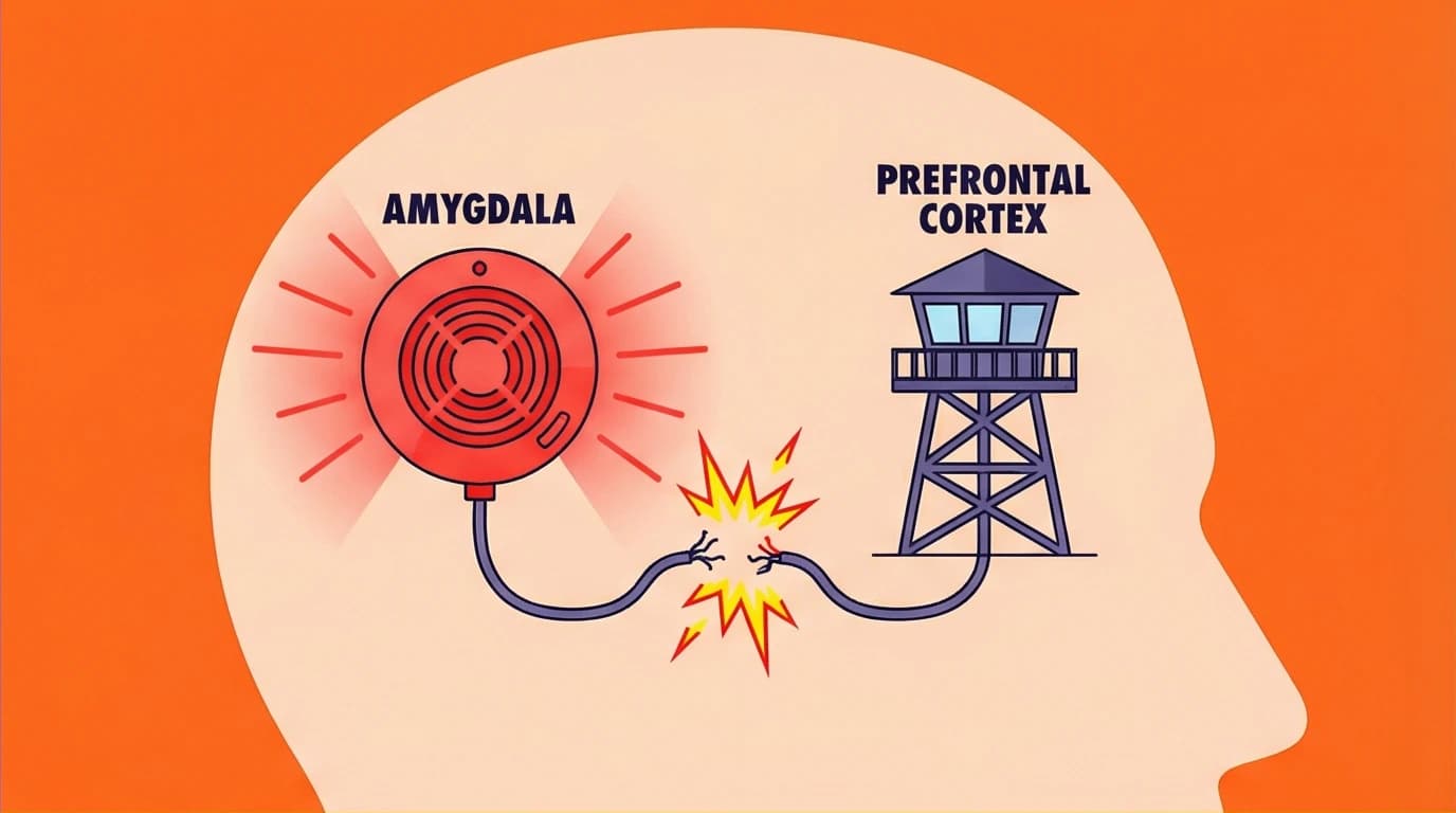 A diagram of a traumatized brain, showing a broken connection between the 'smoke detector' amygdala and the 'watchtower' prefrontal cortex, a key concept for PTSD healing.