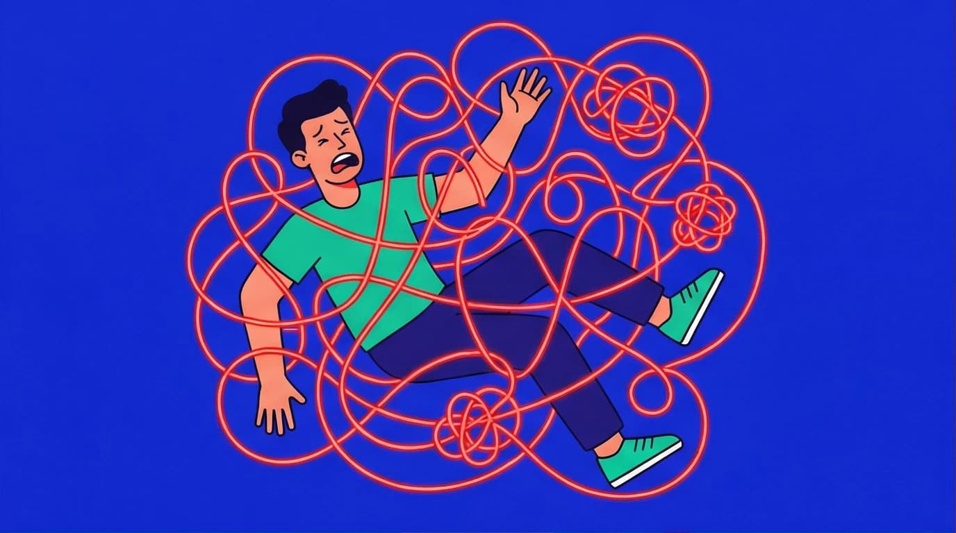 An illustration from 'The Body Keeps the Score' summary showing a person trapped by their own nervous system, visualizing how trauma is physically stored in the body.