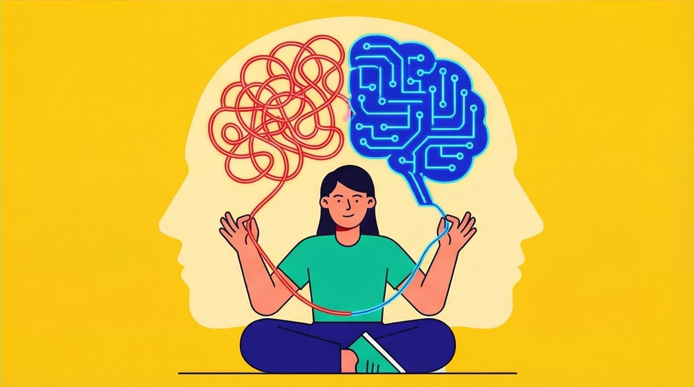 Illustration of healing from trauma, where a person rewires their brain from chaotic red wires to calm blue circuits, representing paths to recovery like EMDR and neurofeedback.