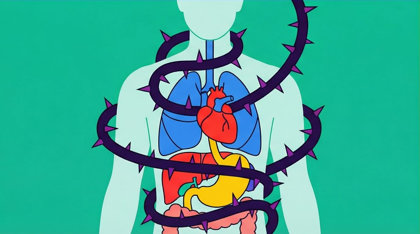 A visual of the Polyvagal Theory where a thorny vagus nerve constricts internal organs, illustrating how the body keeps the score of unresolved trauma and stress.