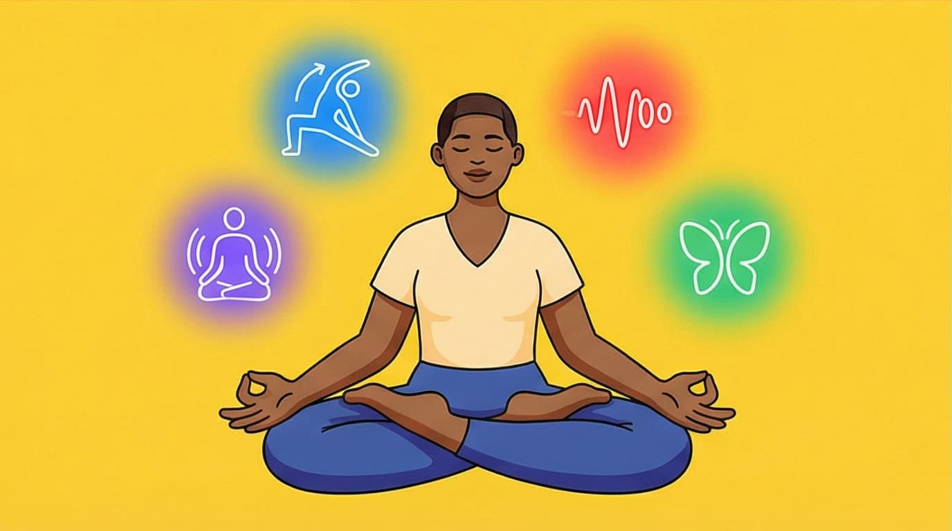 Illustration of a person using a toolkit of body keeps the score healing techniques, including yoga, somatic vocalization, and bilateral stimulation.