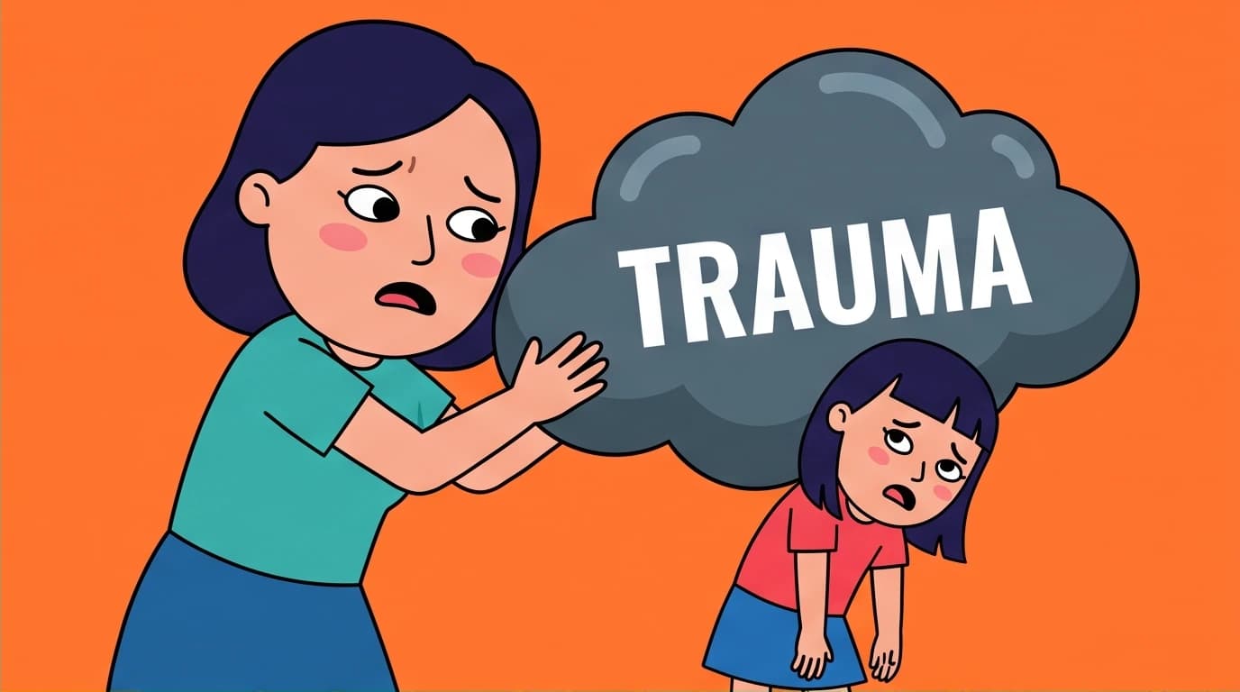 An illustration explaining the meaning of generational trauma, where a mother unconsciously passes a heavy burden of expectations to her daughter, a core theme in 'The Joy Luck Club.'