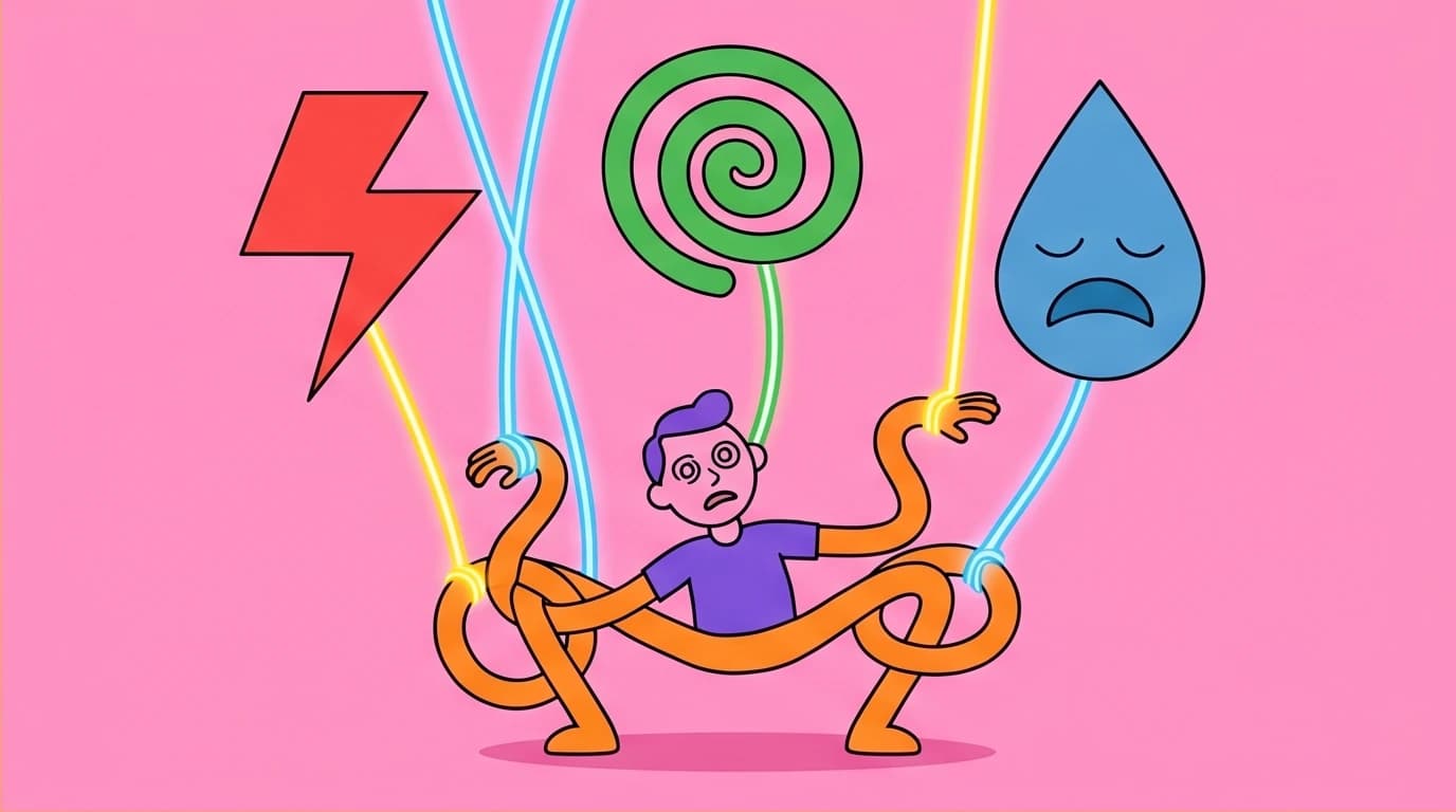 A character tangled in emotional puppet strings, representing the concept of irrationality from Robert Greene's laws of human nature.
